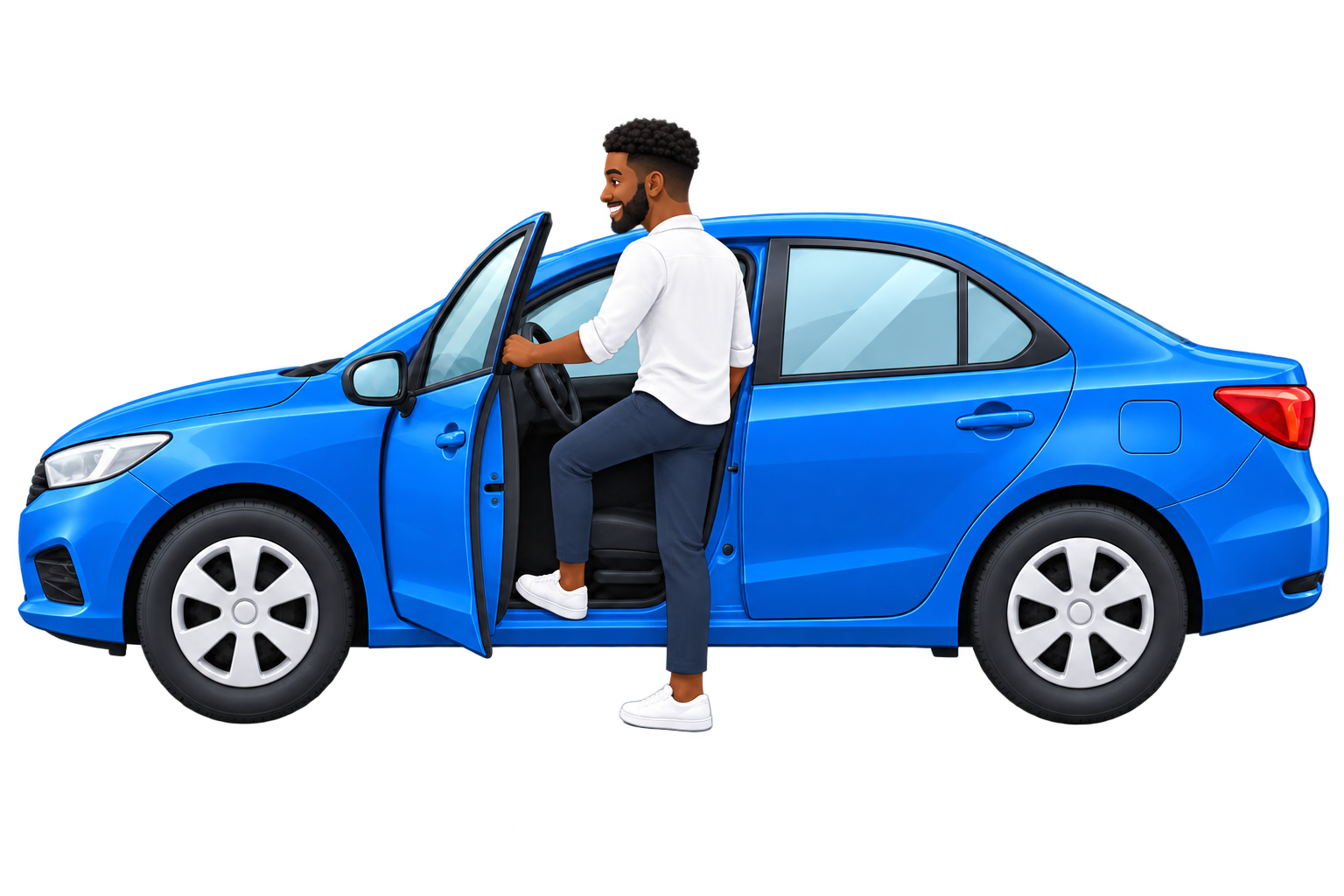 A Black man getting into a blue rental car